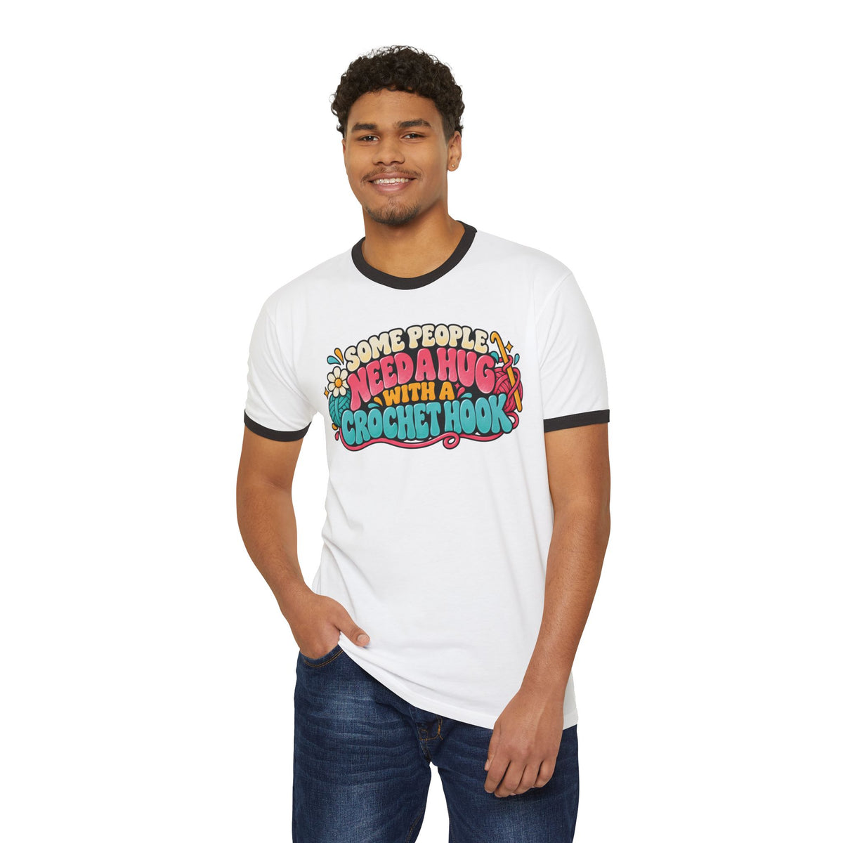 Some People Need a Hug With a Crochet Hook – Funny Retro Crochet Ringer T-Shirt