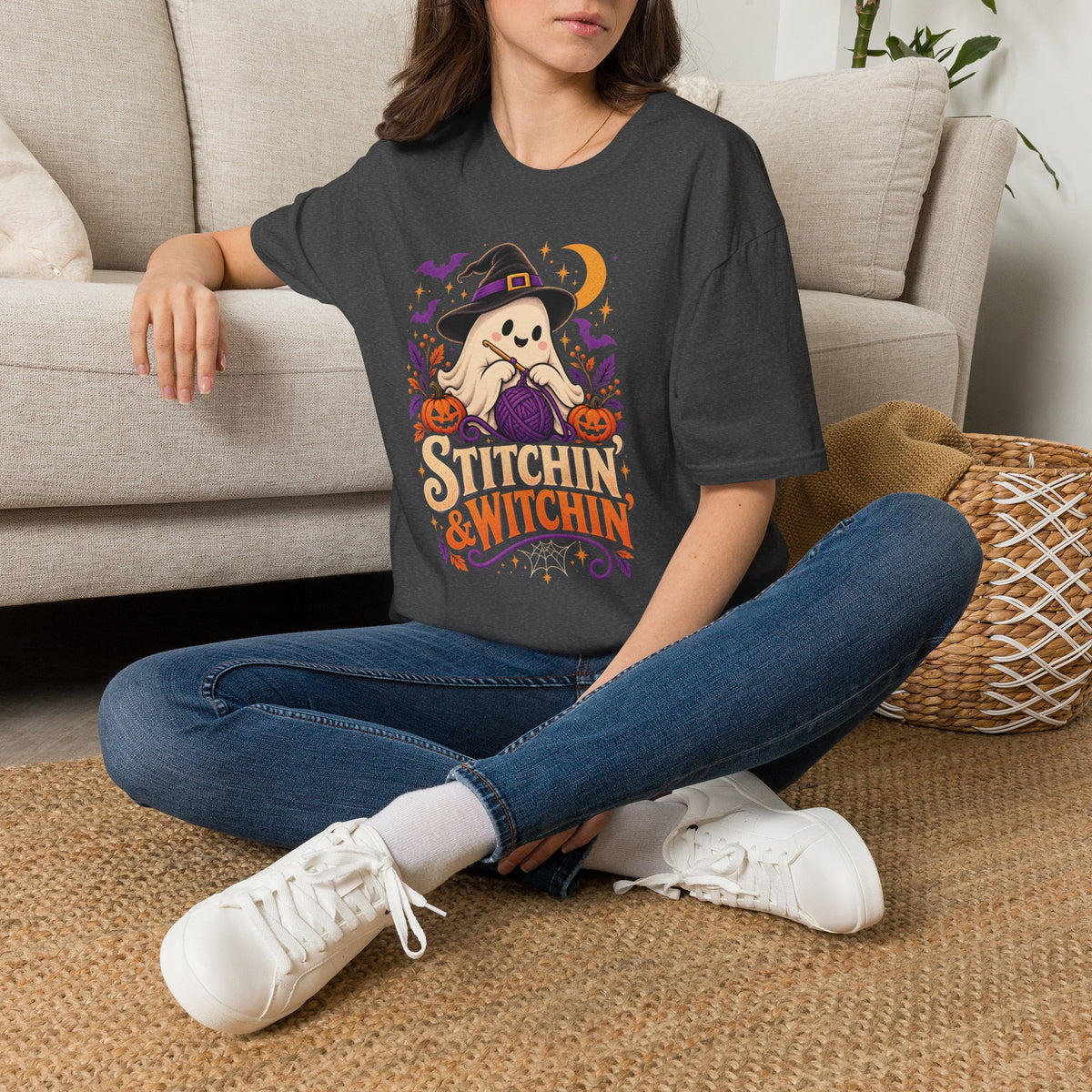 Stitchin’ & Witchin’ Crochet T-Shirt – Halloween Ghost Crochet Shirt, Yarn Lover Tee