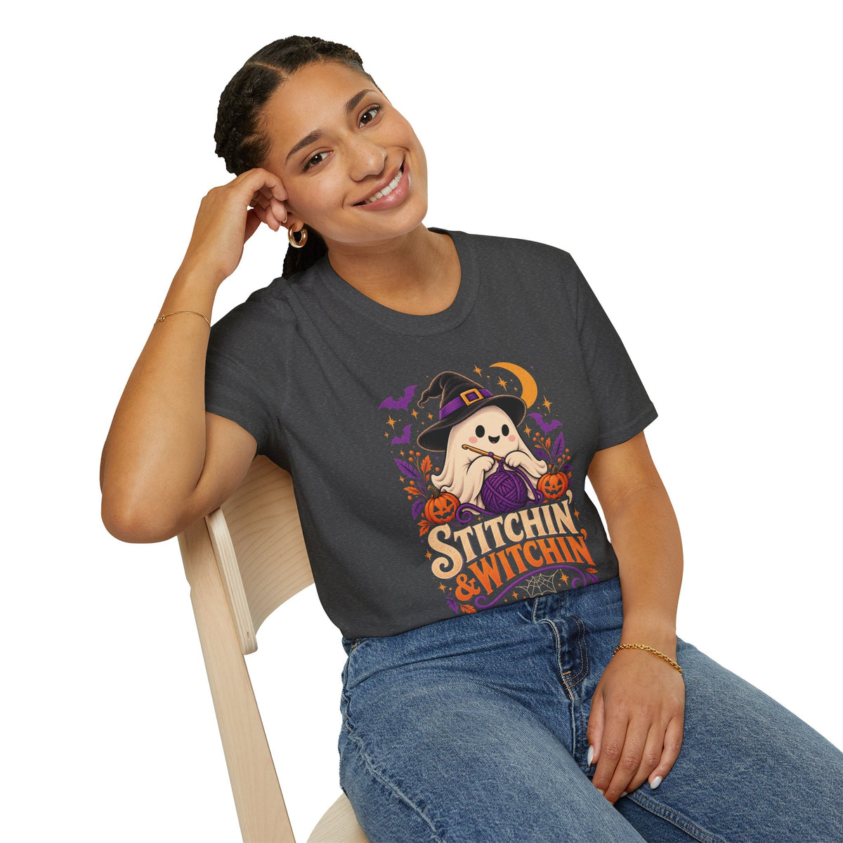 Stitchin’ & Witchin’ Crochet T-Shirt – Halloween Ghost Crochet Shirt, Yarn Lover Tee