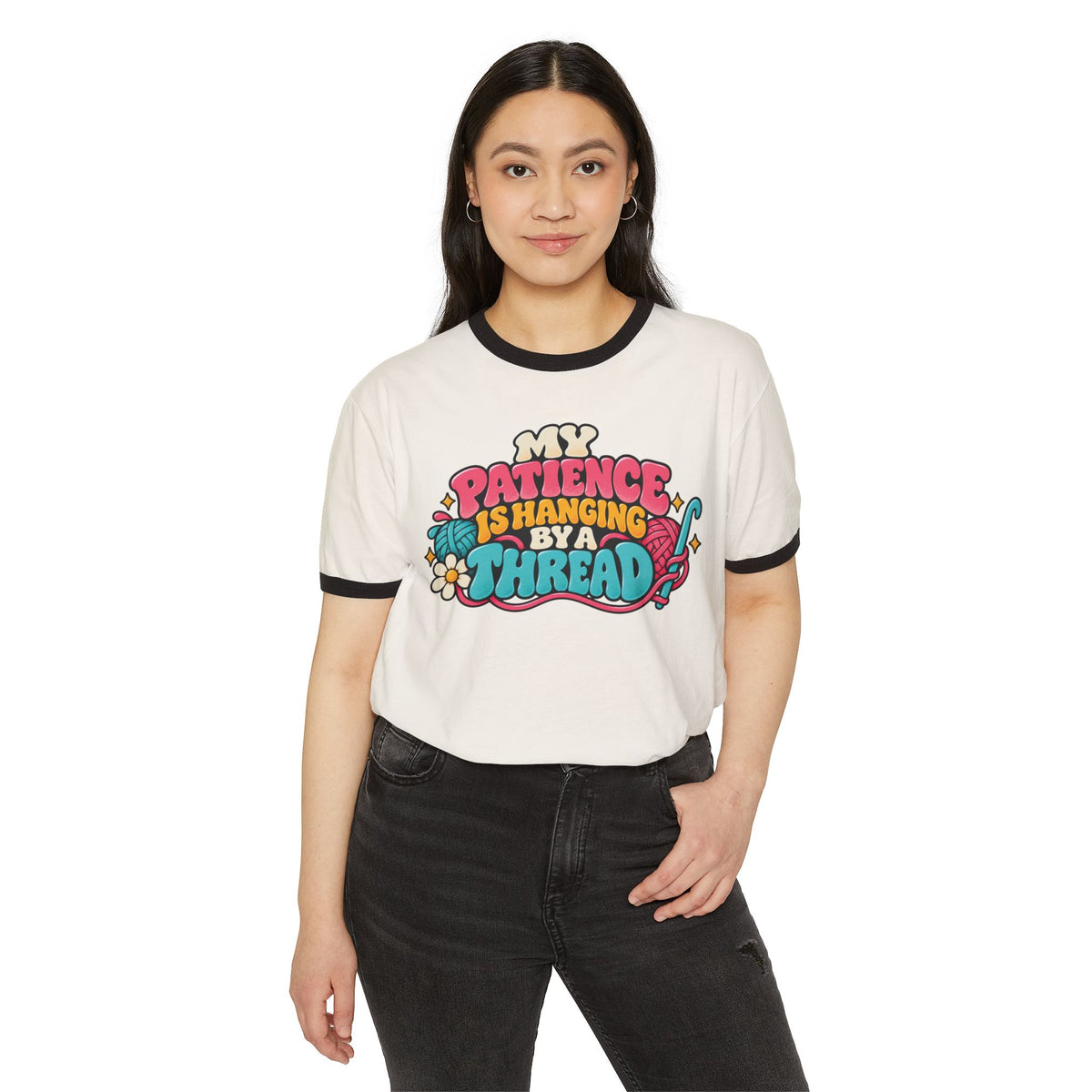 My Patience Is Hanging by a Thread – Funny Crochet Retro Ringer T-Shirt