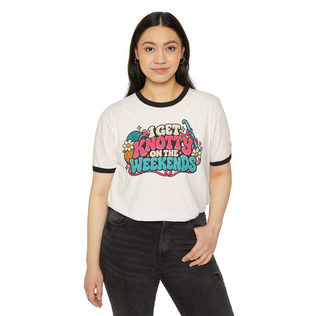 I Get Knotty on the Weekends – Funny Crochet Retro Ringer T-Shirt