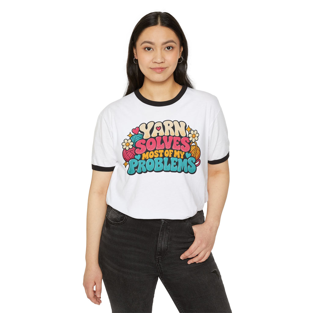 Yarn Solves Most of My Problems – Funny Retro Crochet Ringer T-Shirt