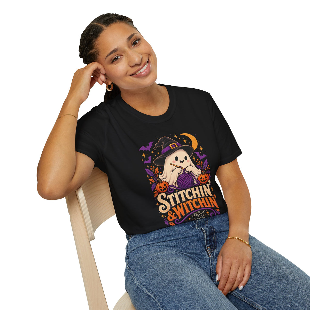 Stitchin’ & Witchin’ Crochet T-Shirt – Halloween Ghost Crochet Shirt, Yarn Lover Tee