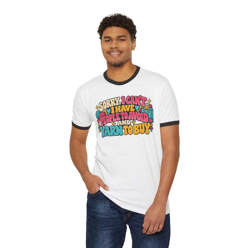 Sorry I Can't, I Have People to Avoid and Yarn to Buy – Funny Crochet Retro Ringer T-Shirt