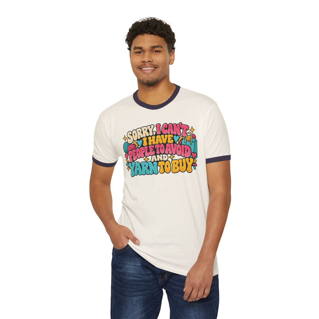 Sorry I Can't, I Have People to Avoid and Yarn to Buy – Funny Crochet Retro Ringer T-Shirt