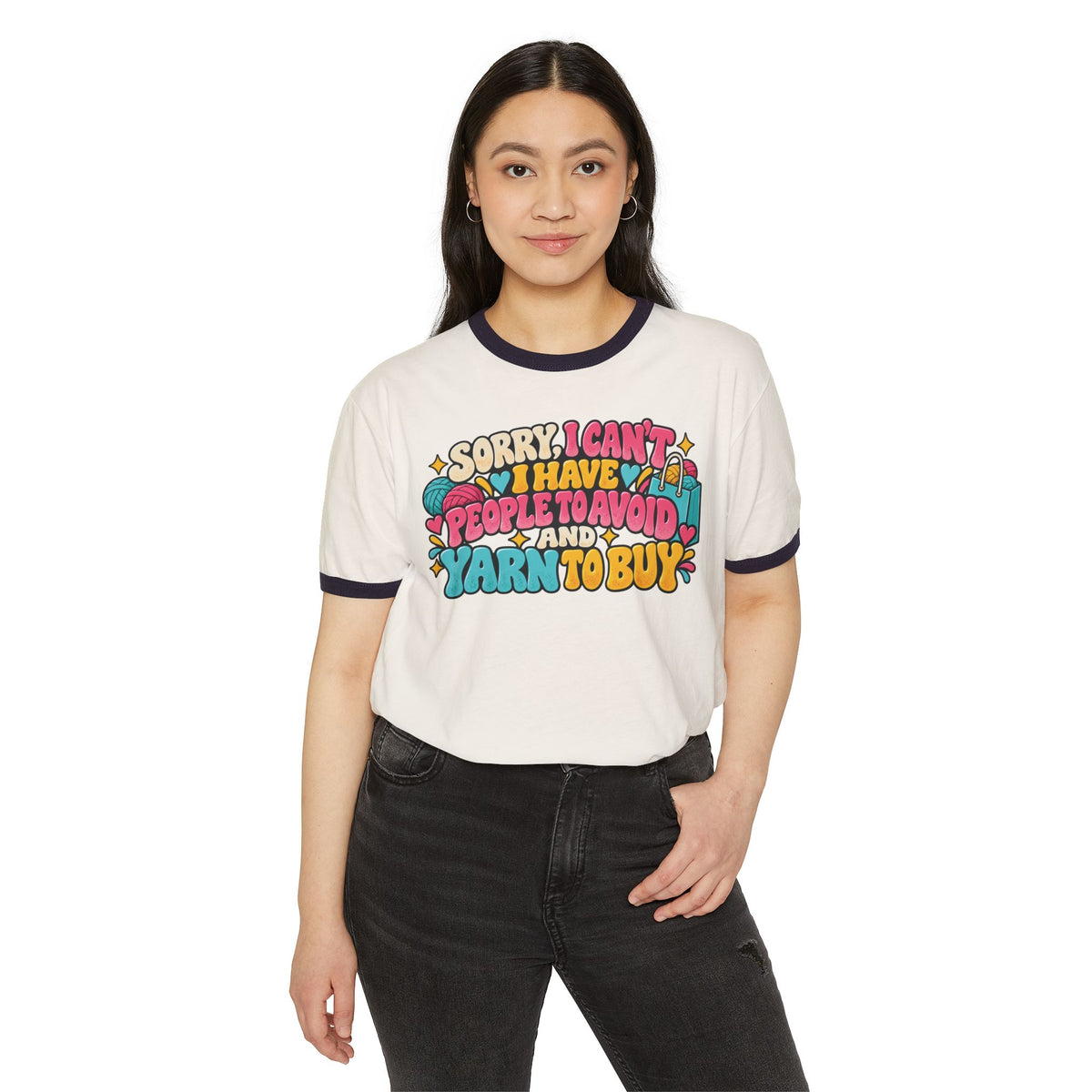 Sorry I Can't, I Have People to Avoid and Yarn to Buy – Funny Crochet Retro Ringer T-Shirt