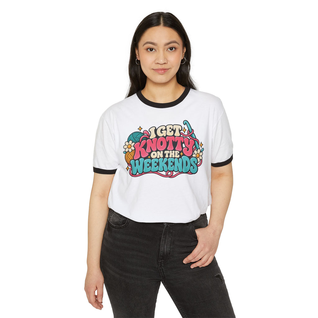 I Get Knotty on the Weekends – Funny Crochet Retro Ringer T-Shirt