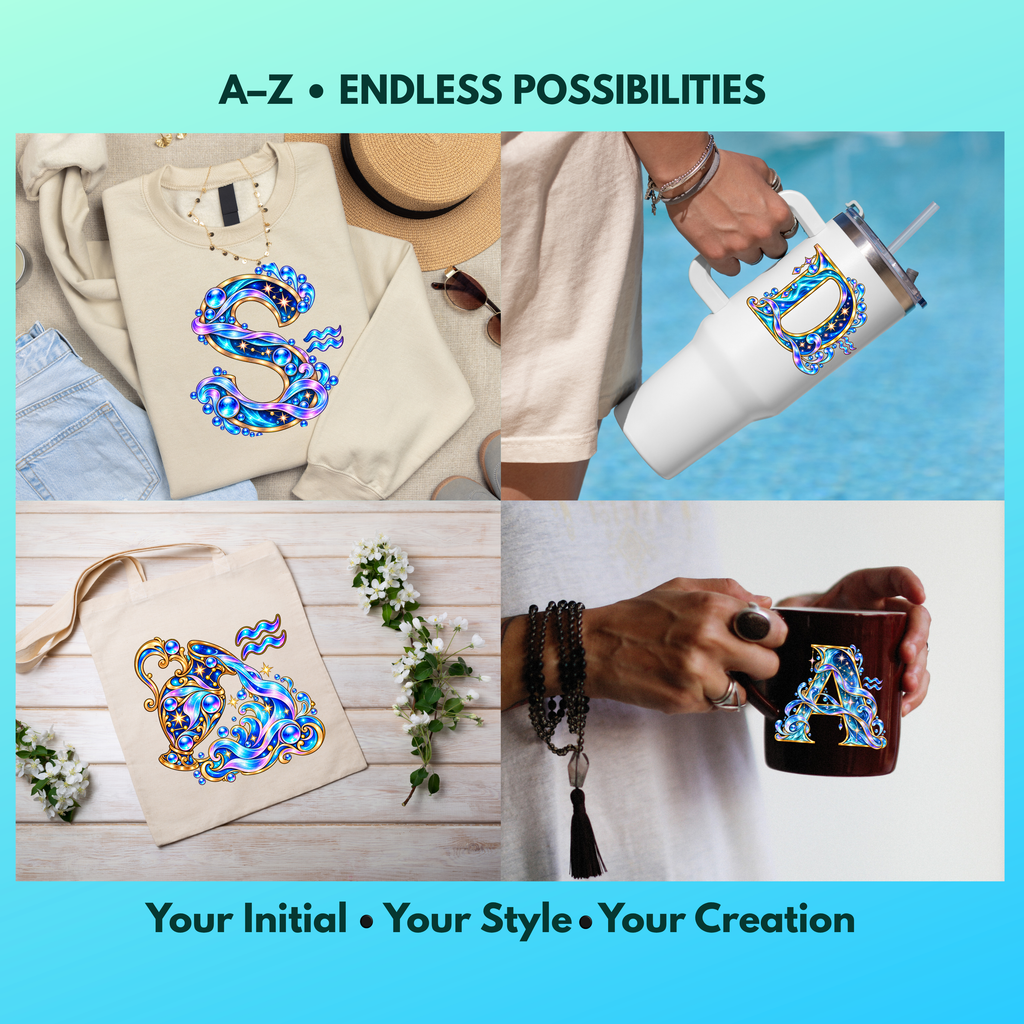Aquarius Initial PNG Bundle A–Z | 31 Zodiac Monogram Designs