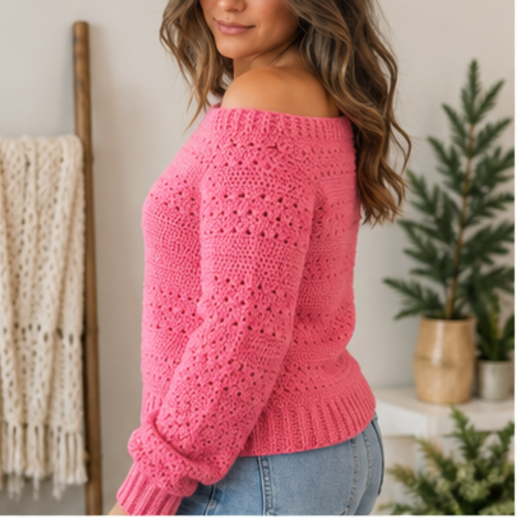 Pretty in Pink Off-Shoulder Crochet Sweater