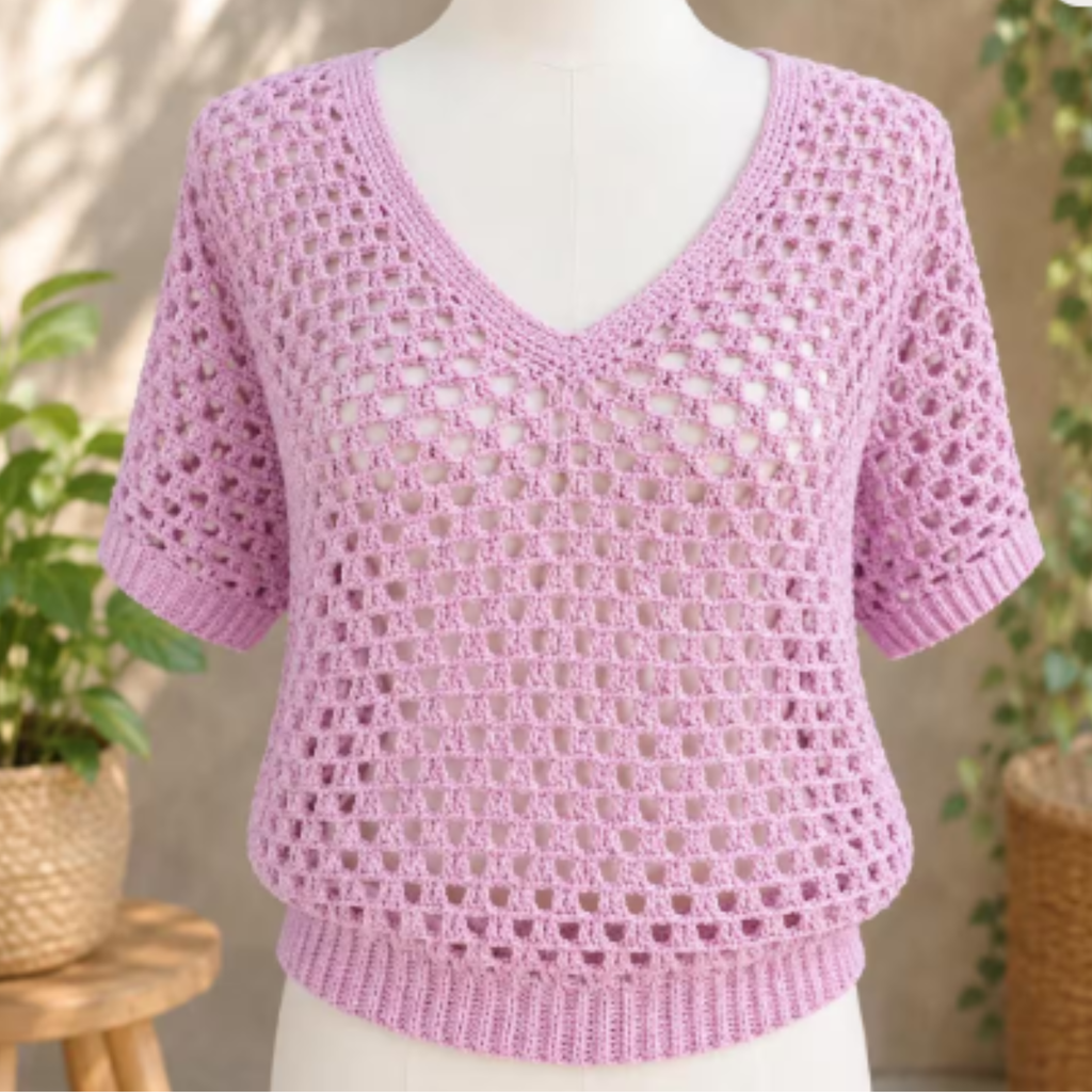 Blushing Queen Crochet Top – Handmade Pink Crochet V-Neck Sweater