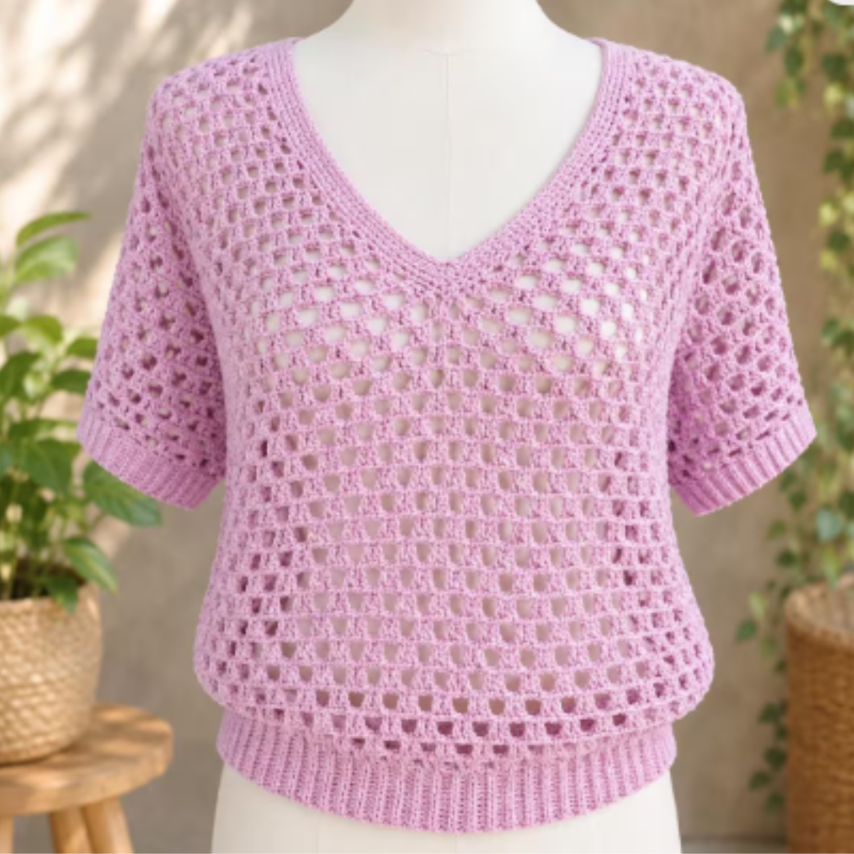 Blushing Queen Crochet Top – Handmade Pink Crochet V-Neck Sweater