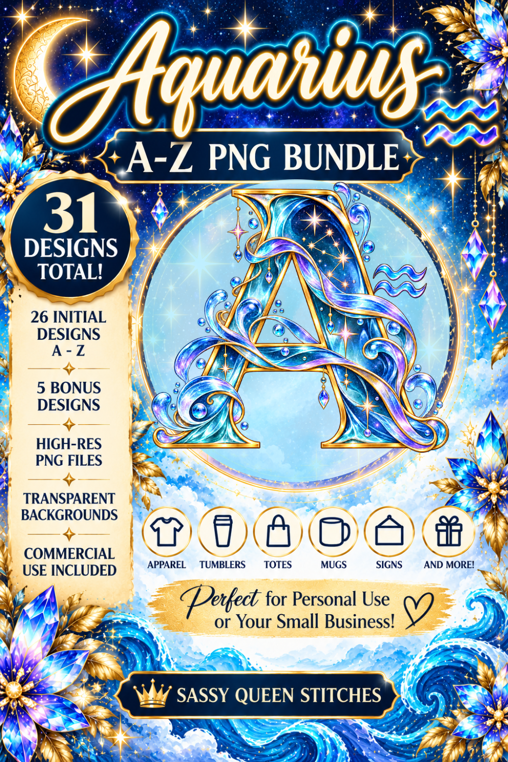 Aquarius Initial PNG Bundle A–Z | 31 Zodiac Monogram Designs