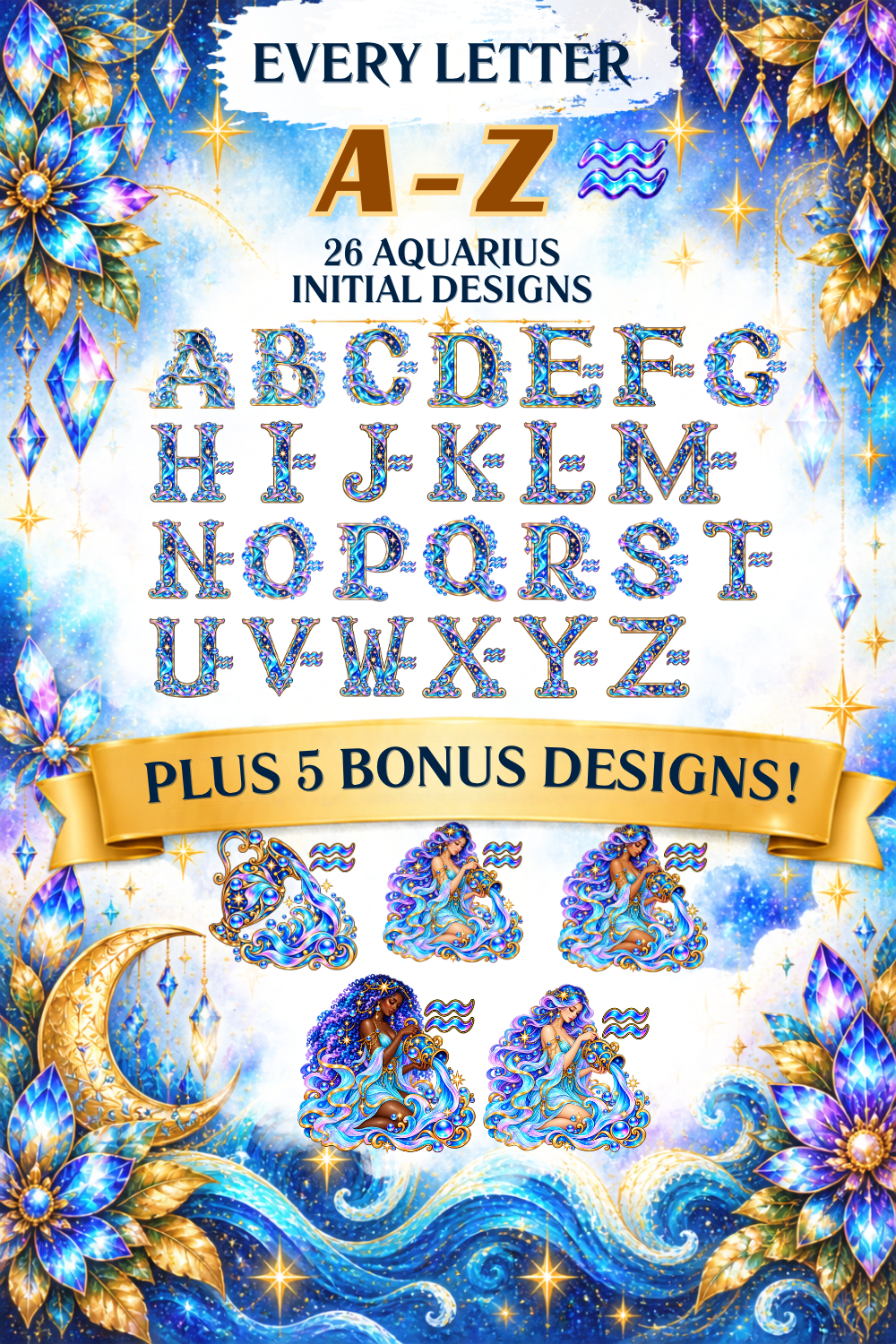 Aquarius Initial PNG Bundle A–Z | 31 Zodiac Monogram Designs