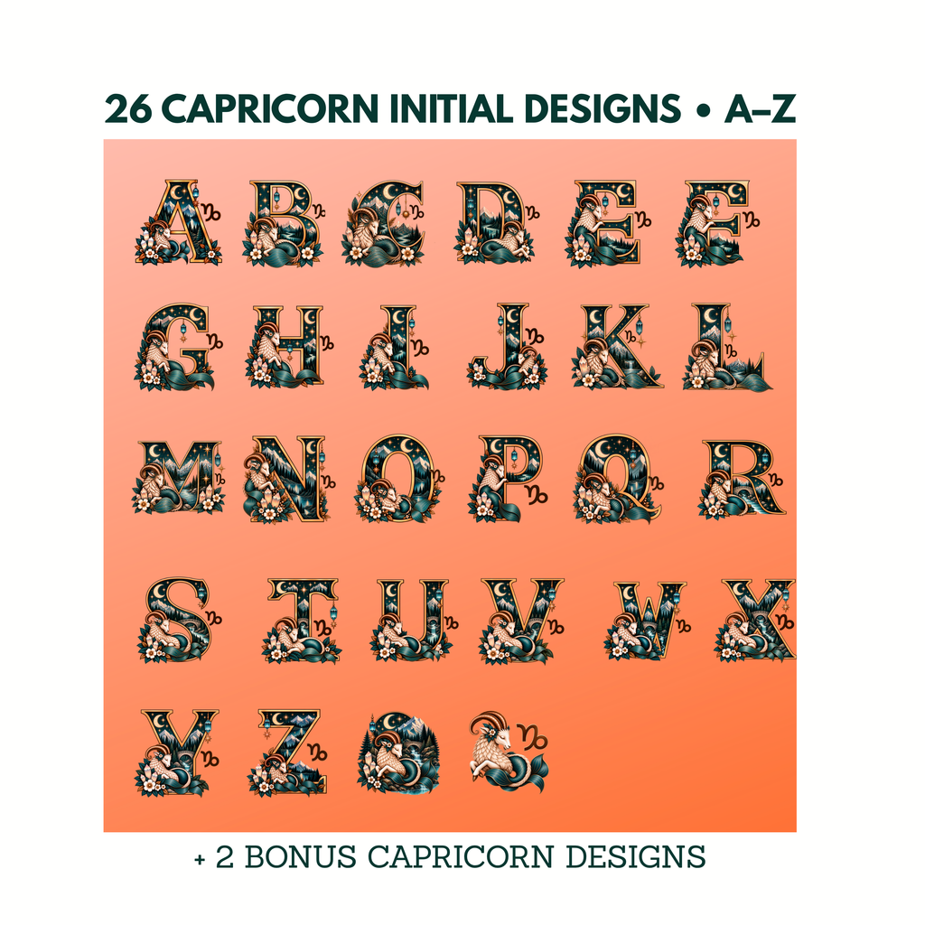 Capricorn Initial PNG Bundle | A-Z Zodiac Monogram Designs